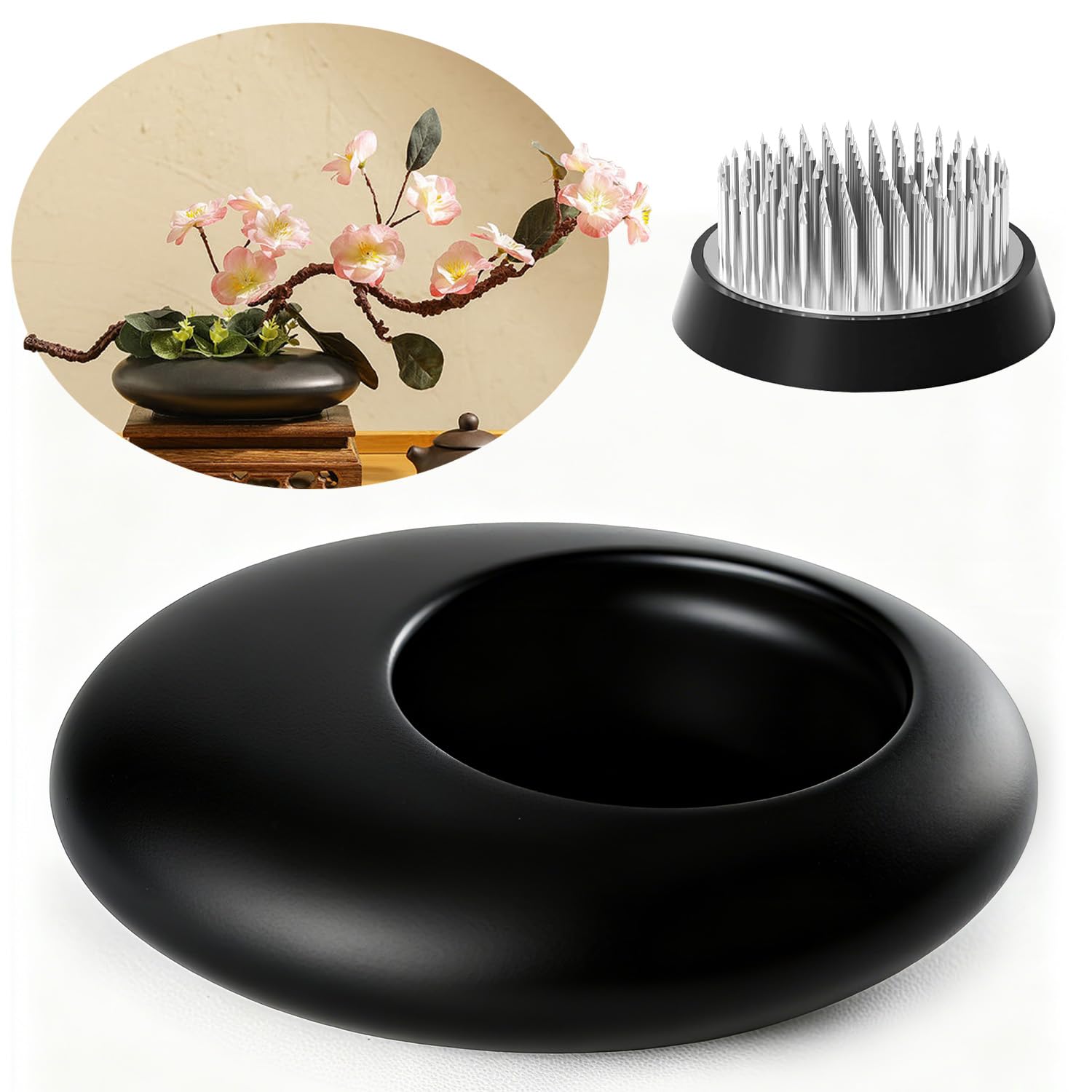 Photo 1 of ***NO FLOWER FROG PIN***Japanese Inspired Ceramic Vase Ikebana kit, Pebble Shaped Flower Arrangement Bowl with 2inch Flower Frog Pin Frog Flower Stems Holder (Black)