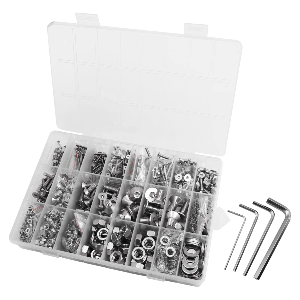 1430 Pieces NUZAMAS Hex Socket Flat Countersunk Screws Nuts Washers Set M2 M2.5 M3 M4 M5 M8 Stainless Steel Cylinder Screws Hex Socket Threaded Screws Assortment Kit with Storage Box and Hex Key