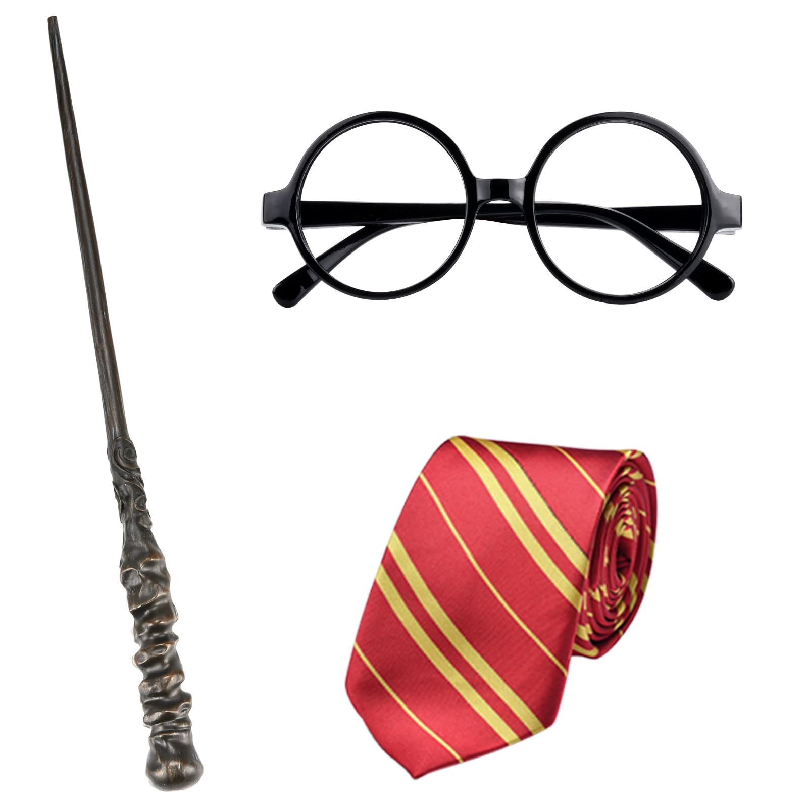 Abitoncc 6 PCS Wizard Costume Set Wizard Magic Wand and Glasses Wizard Tie, Wizard Necklace for Halloween Costume Party Wizard Cosplay Fancy Dress Outfit Accessories for Adults Men and Women