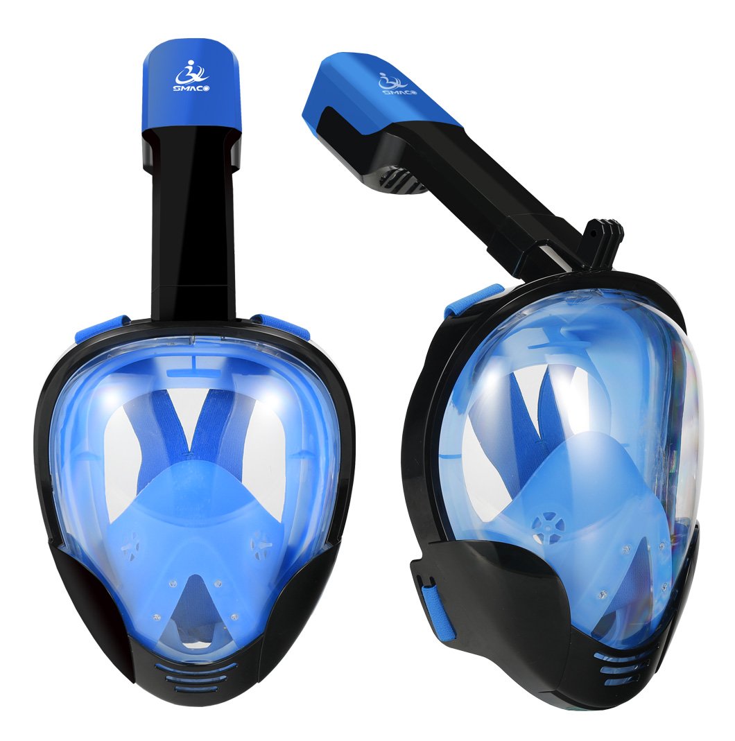 Jasontric Snorkel Mask Full Face with Detachable Mount Pivot for GoPro Arm Large View Free Breath Dry Top Set Leakproof Fogproof for Adult (Blueblack)