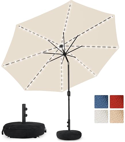 Sundale Outdoor Olefin 5-Year-Non-Fading Solar 80 LED 9 FT Solar Patio Umbrella with Sand Bag Base, Outdoor Umbrella with Tilt and Crank, Beige : Patio, Lawn & Garden