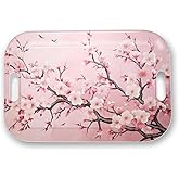 Serving Trays with Handles, 14.5 x 9.8 inch Rectangular Plastic Tray for Restaurant, Kitchen, Pink Cherry Blossom