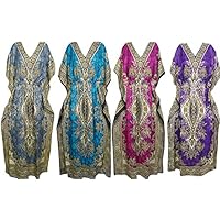 Mogul Interior 4Pc Womens Bohemian Kimono Kaftan Printed Beach Cover up Caftan Evening Maxi Dress One Size