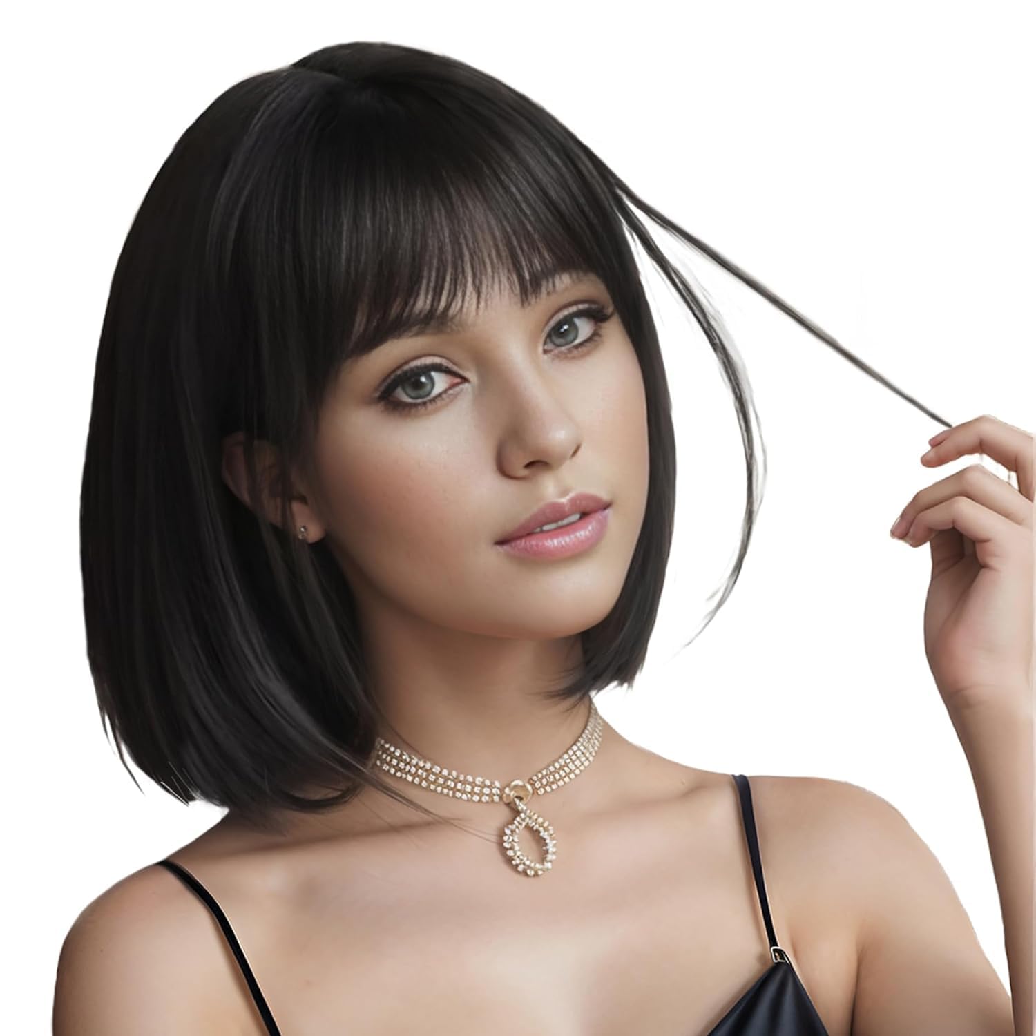 YEESHEDO 12 Inch Short Bob Black Wig with Bans for Women Synthetic Hair Straight Wigs with Fringe
