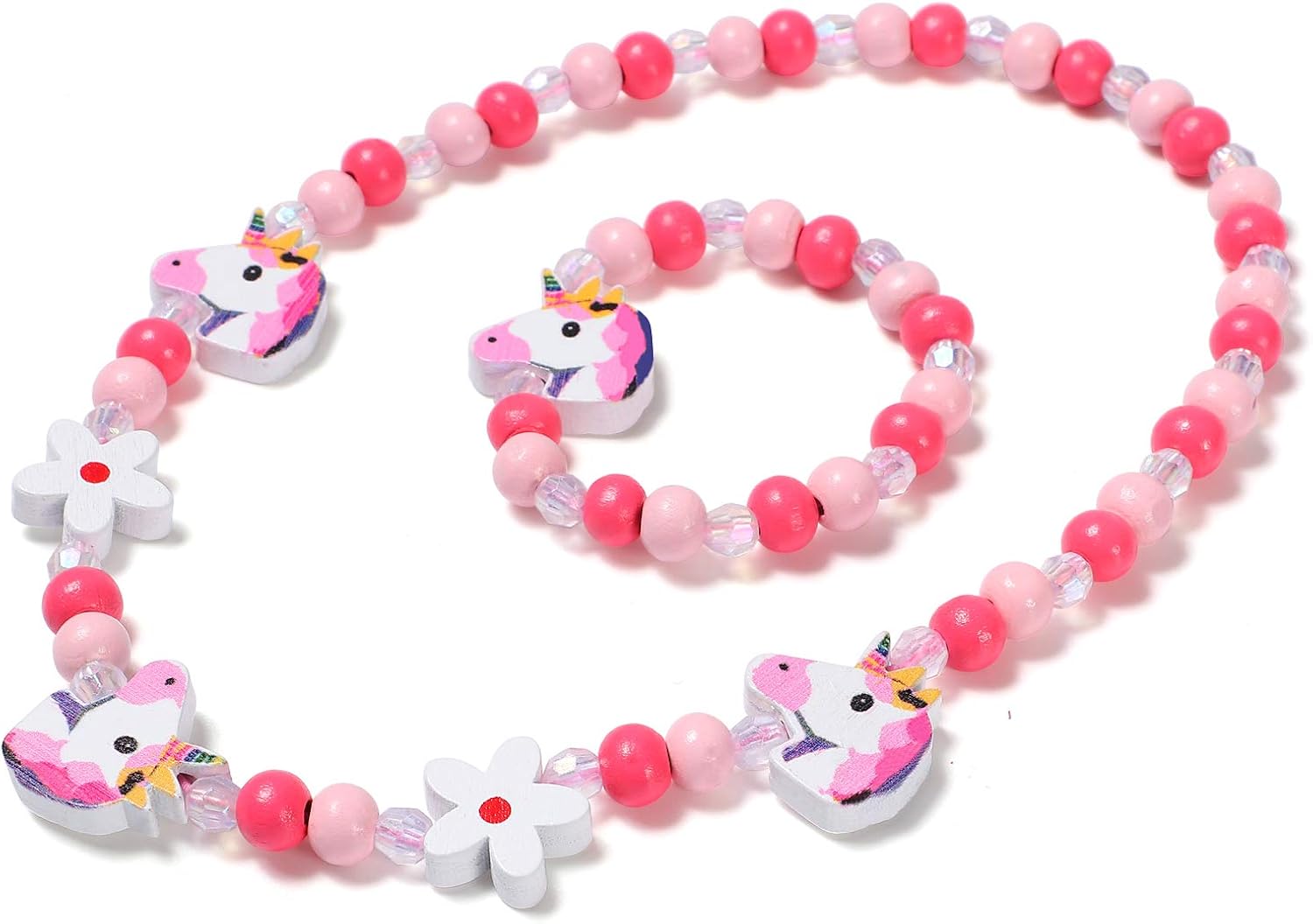 10 Sets Beaded Necklace and Bracelets for Girls Unicorn Mermaid Rainbow Animal Pendant Colorful Wooden Beads Princess Necklace Dress Up Pretend Play Jewelry Set Party Favor Gifts for Toddlers Kids: Clothing