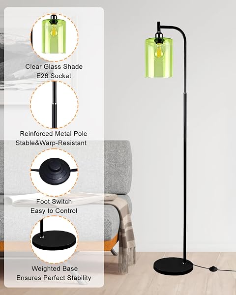 LIGHTDOT 64IN GLASS FLOOR LAMP FOR LIVING ROOM, MODERN STANDING LAMPS WITH GREEN RIBBED GLASS LAMPSHADE& BULB INCLUDED, INDUSTRIAL FLOOR LAMP FOR BEDROOM/SOFA BESIDE/CORNER DECOR-BLACK