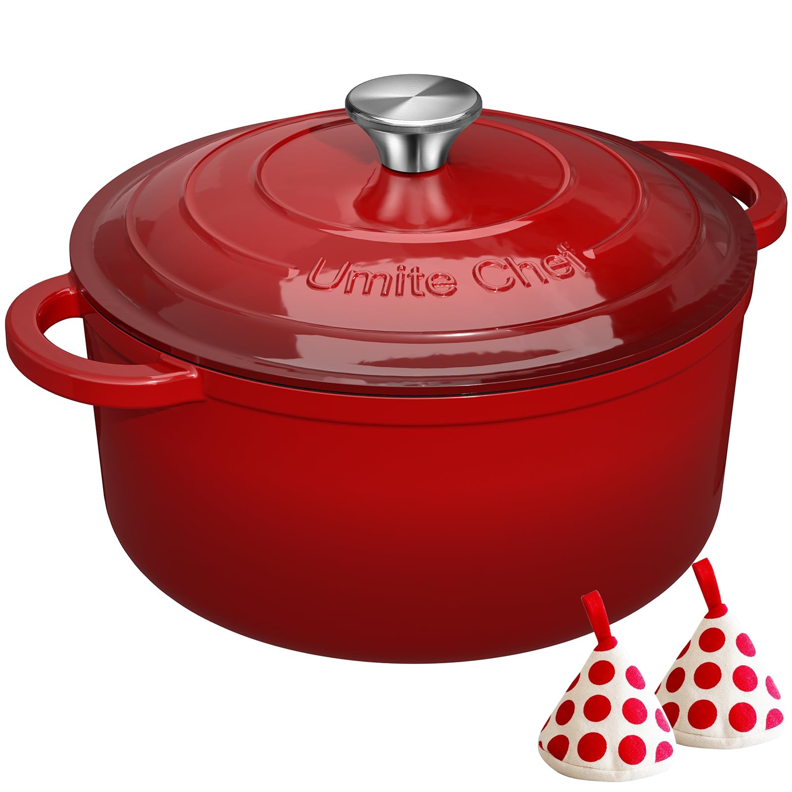 Photo 1 of ***VERY USED*** Enameled Cast Iron Dutch Oven - Umite Chef 5QT Pot with Lid & Cotton Potholders - Heavy-Duty Cookware for Bread Baking, Braising, Stews, Roasting(Red)