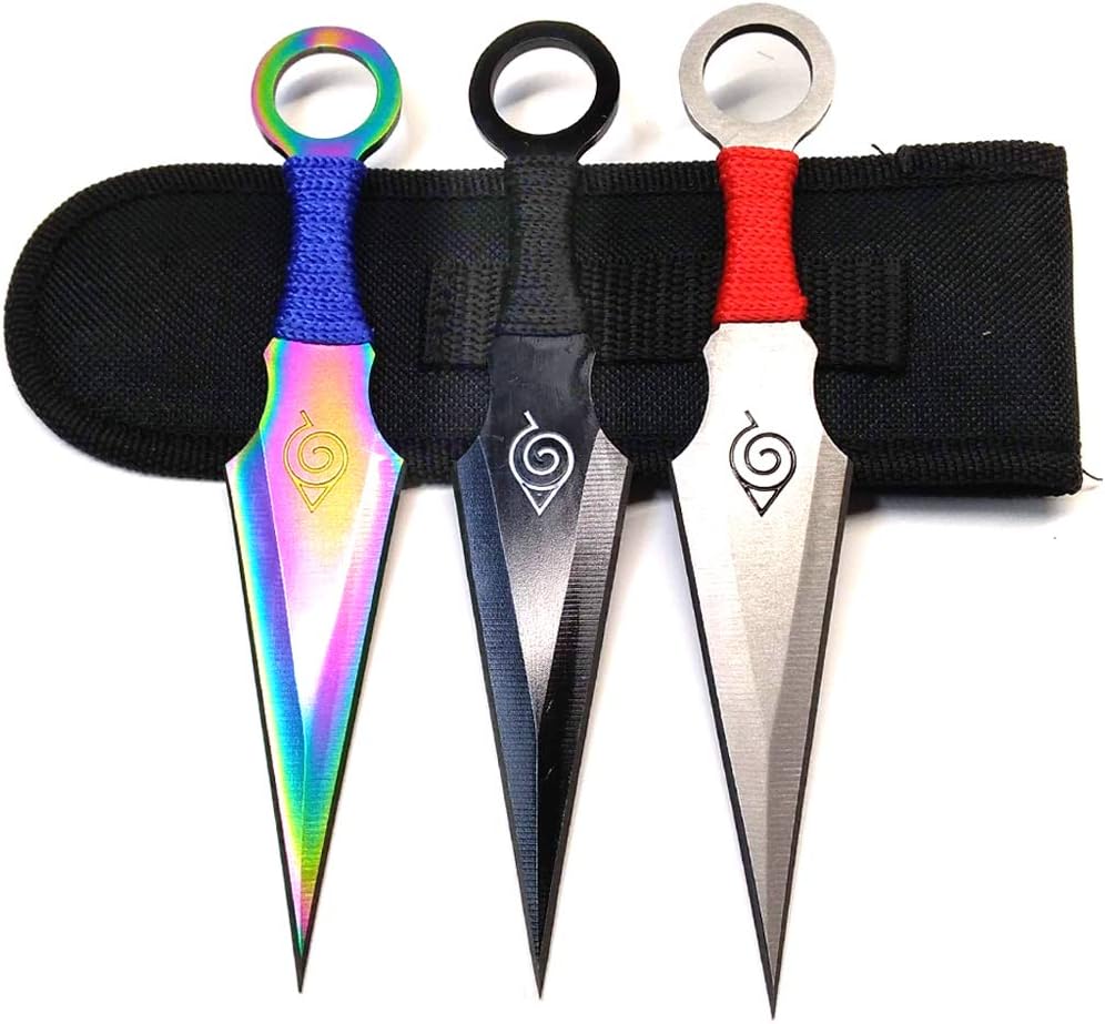 Avias Knife Supply 6.5 inch 3 Piece Stainless Steel Ninja Konoha Leaf Hokage Kunai Throwing Knife Set with Sheath