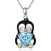 Penguin Necklace for Women 925 Sterling Silver Penguin Holding Heart Cut Aquamarine Pendant Necklace