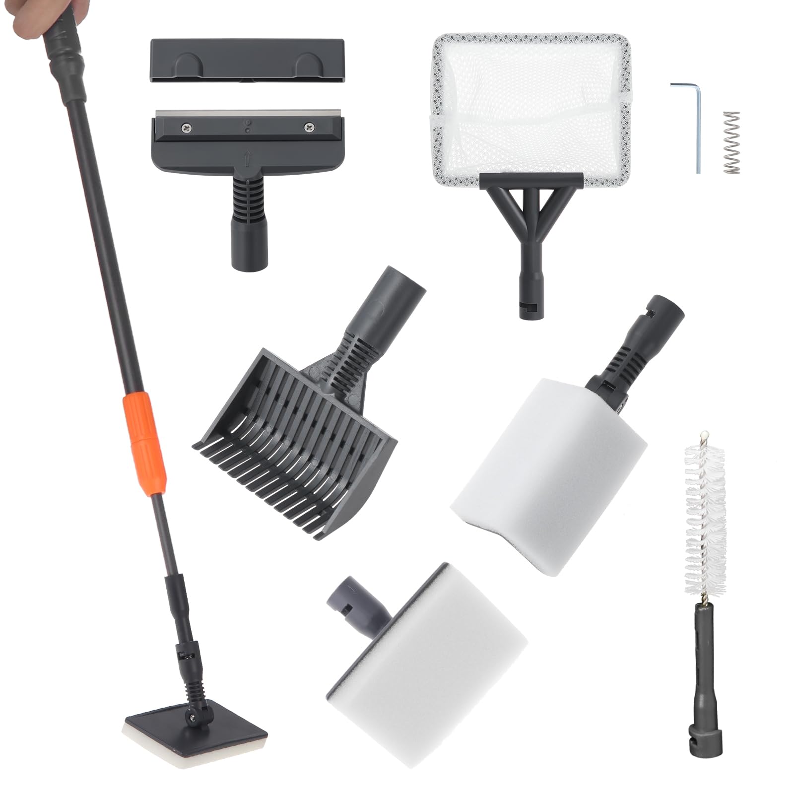 Coolty 6 in 1 Fish Tank Cleaner Aquarium Cleaning Tool with Long Telescopic Handle, Scraper, Fishing Net, Sponge Cleaning Brush, Sand Rake for Fish Tank Maintenance