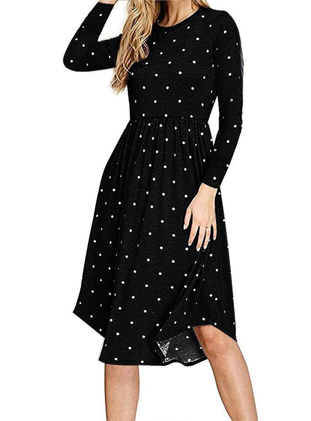 AMCLOS Women Pleated Polka Dot Pocket Swing Casual Midi T Shirt Dress Long Sleeve (Black, 2XL)