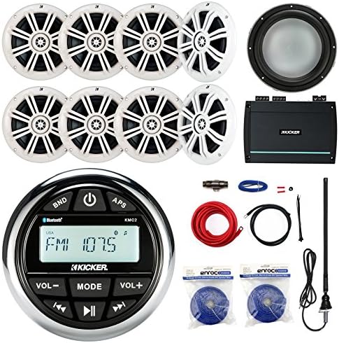 Kicker KMC2 Marine Gauge Style AM/FM Stereo Receiver Bundle Combo With 8x 6.5" Inch 300-Watt White Coaxial Audio Speakers + Compact 400-Watt Amplifier W/ Wiring Kit + Enrock Antenna + 100 Ft 14g Wire