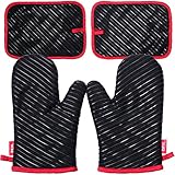 DEIK Oven Mitts and Potholders 4 Pieces, Heat Resistant Kitchen Mitts with Cotton Lining, Non-slip Silicone Potholder for Cooking, Baking, Grilling, Holding Pot, Black