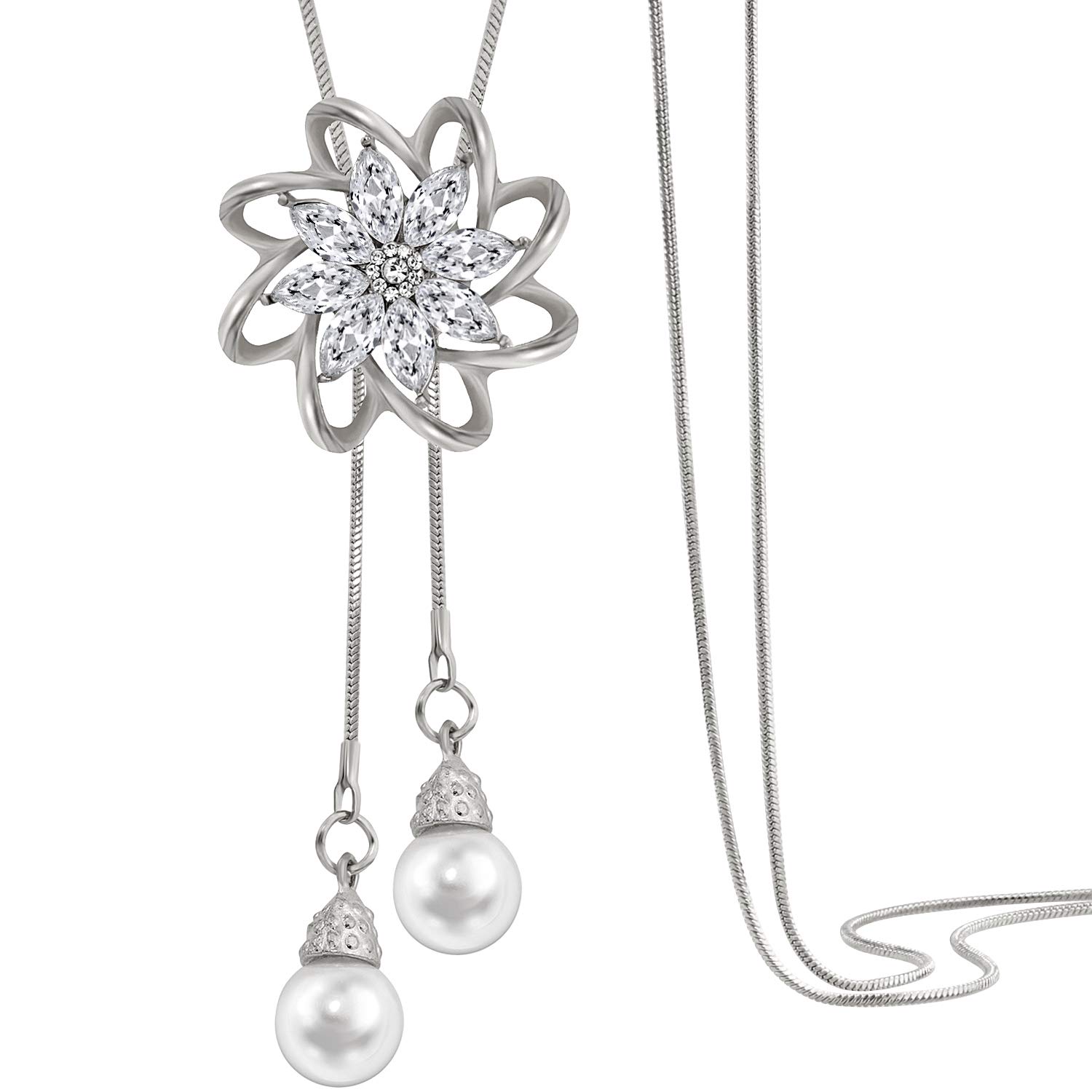 Gleamart Silver Crystal Pearl Pendant Necklace Long Sweater Chain