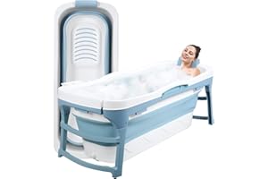 Smalibal Upgrade 56" Large Portable Bathtub for Adult, Foldable No Installation Bath Tub for Shower Stall, Freestanding Bathroom Hot SPA Soaking Standing Tub, Ice Bath Collapsible Plunge Blue