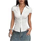 Floerns Women's Summer Button Down Shirts Short Sleeve Ruched Collared Going Out Blouse Tops