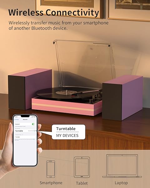 VINYL RECORD PLAYER WITH TWO EXTERNAL SPEAKERS BELT-DRIVE TURNTABLES FOR VINYLS RECORDS DUAL STEREO SPEAKERS LP PLAYERS 3 SPEED FULL SIZE WIRELESS AUX-IN HEADPHONE AUTO STOP PINK