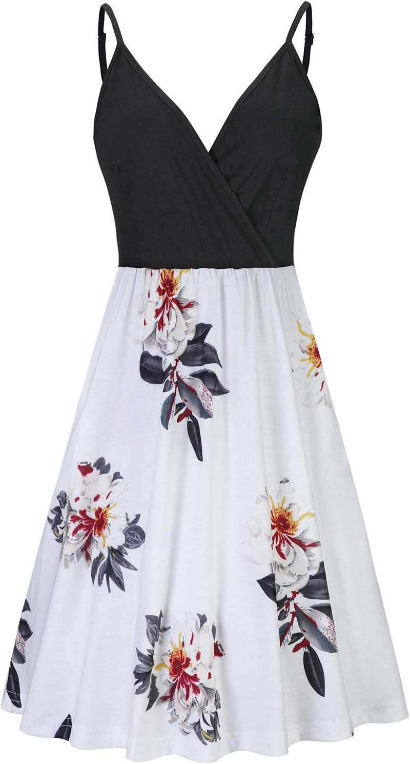 Women's V Neck Floral Spaghetti Strap Summer Dress Patchwork Casual Sundress with Pocket