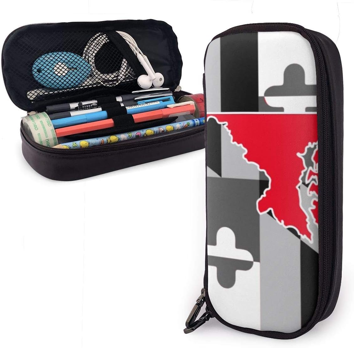Maryland Flagstate Greyscale Red Pencil Case Holder Large Capacity Pencil Pouch Stationery Organizer with Zipper for School Office,Multifunction Cosmetic Makeup Bag