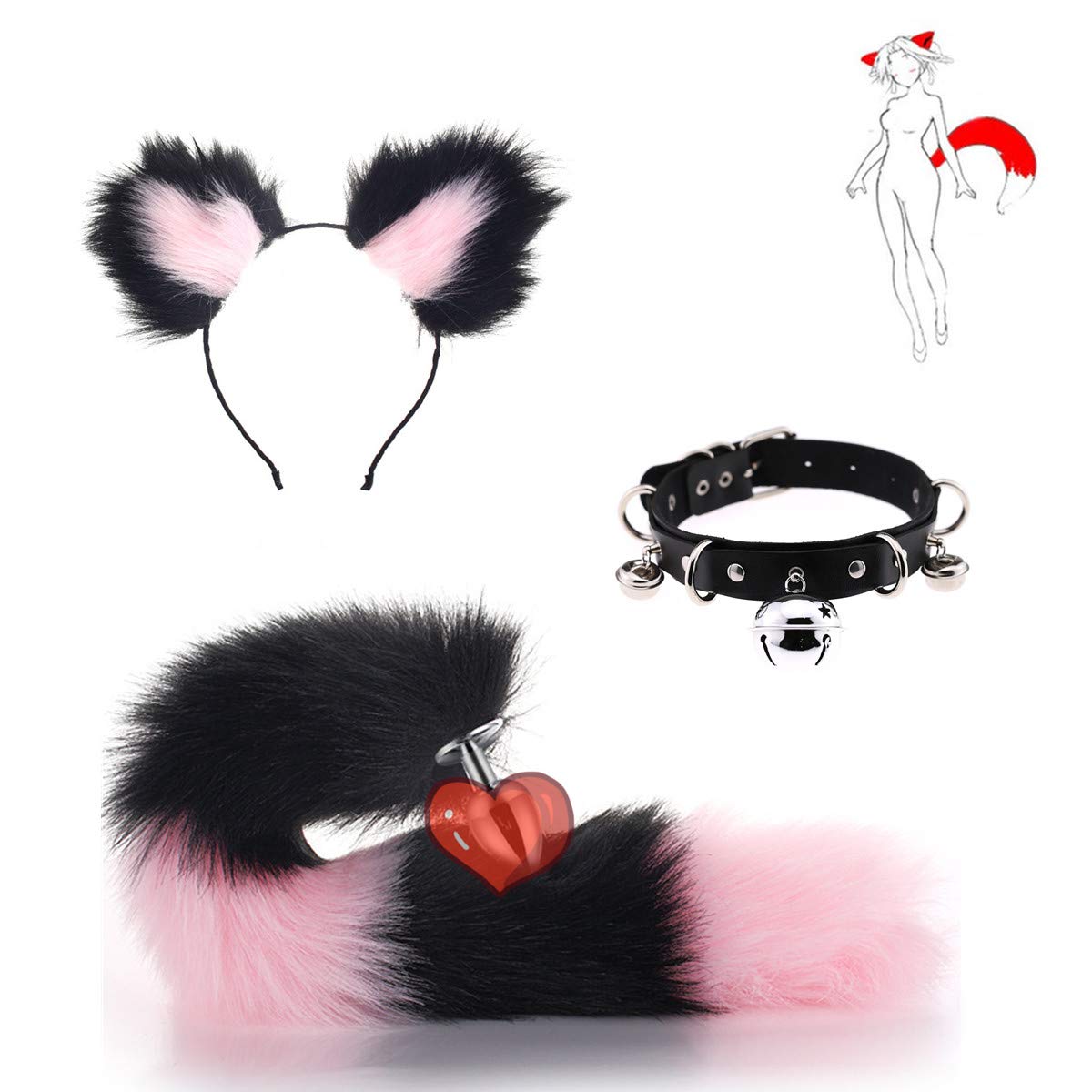 3Pcs/Set Fluffy Fox Tail B-ütt P-l-ǔ-g Cat Ears Headband Collar Choker Necklace for Cosplay Role Play Halloween Toys （ Pink&Black）-S (pink1)
