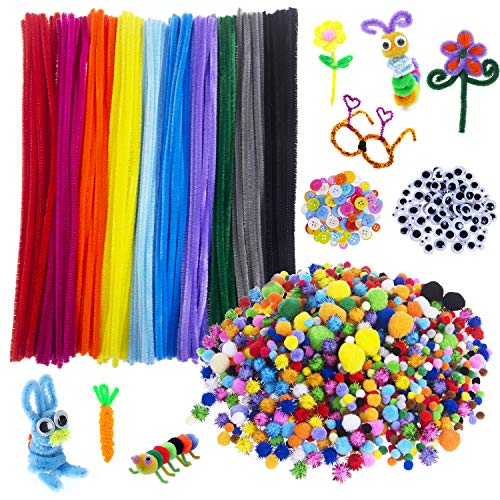 2200 Pcs Pom Poms Pipe Cleaners Craft Set, Acerich 1800 Pcs Assorted Pom Poms, 200 Pcs 10 Colors Chenille Stems, 100 Pcs Buttons and 100 Pcs Wiggle Googly Eyes for DIY Craft Supplies