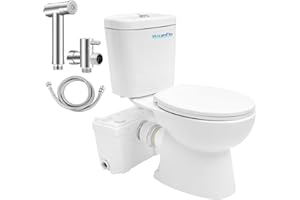 HOCANFLO 500W Macerating Toilet with Bidet Sprayer,Upflush Toilet for Basement Toilet System, Upflush Toilet With Powerful & Quiet Macerator Pump with 4 Water Inltes for Kitchen Sink, Bathroom, Laundry