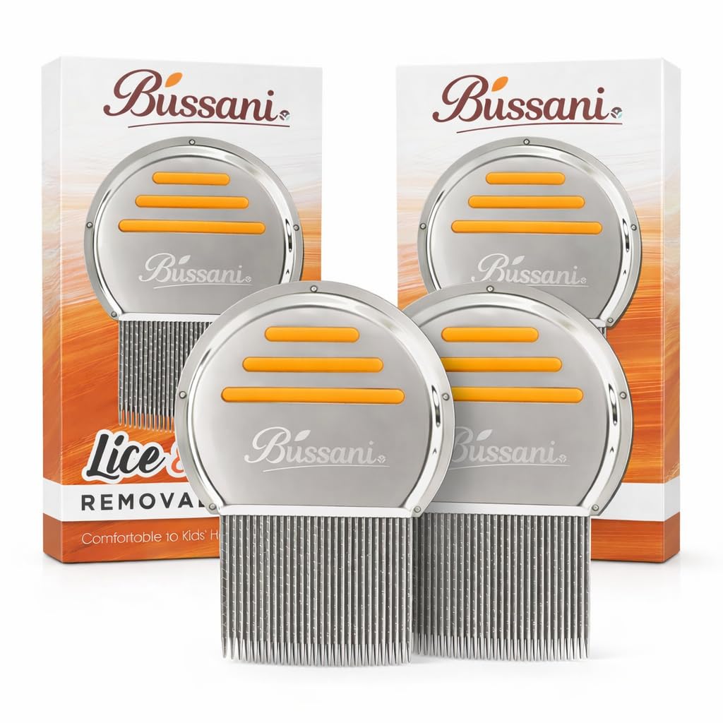 Bussani Professional Lice & Nit Comb – Double-Row Stainless Steel Teeth with Ultra-Fine 0.08–0.1 mm Spacing, Lice & Egg Removal for Fine & Thick Hair, Chemical-Free, Reusable – 2 Pack