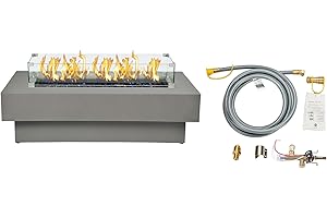 BAIDE HOME 48-inch Fire Table with Natural Gas Conversion Kit & Wind Glass Shield, 50,000BTU Outdoor Modern Patio Fire Pit Table w/Rectangular Burner Lid, Glass Rocks, Cover