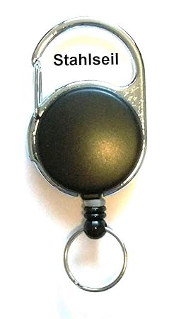 Waizmann.IDeaS® STAHLSEIL - Drahtseil - Ausweisjojo Jojo Zipper rund mit RING 15mm Ø Schlaufenclip Aufrollmechanismus SCHWARZ