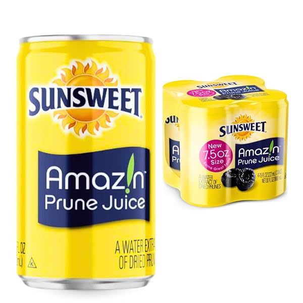 SUNSWEET AMAZIN PRUNE JUICE SMALL CANS – WATER EXTRACT OF DRIED PRUNES PITTED UNSWEETENED – LOW FAT – 100% JUICE RICH IN DIETARY FIBER & NATURAL MINERALS – 4 PACK OF 7.5 OZ