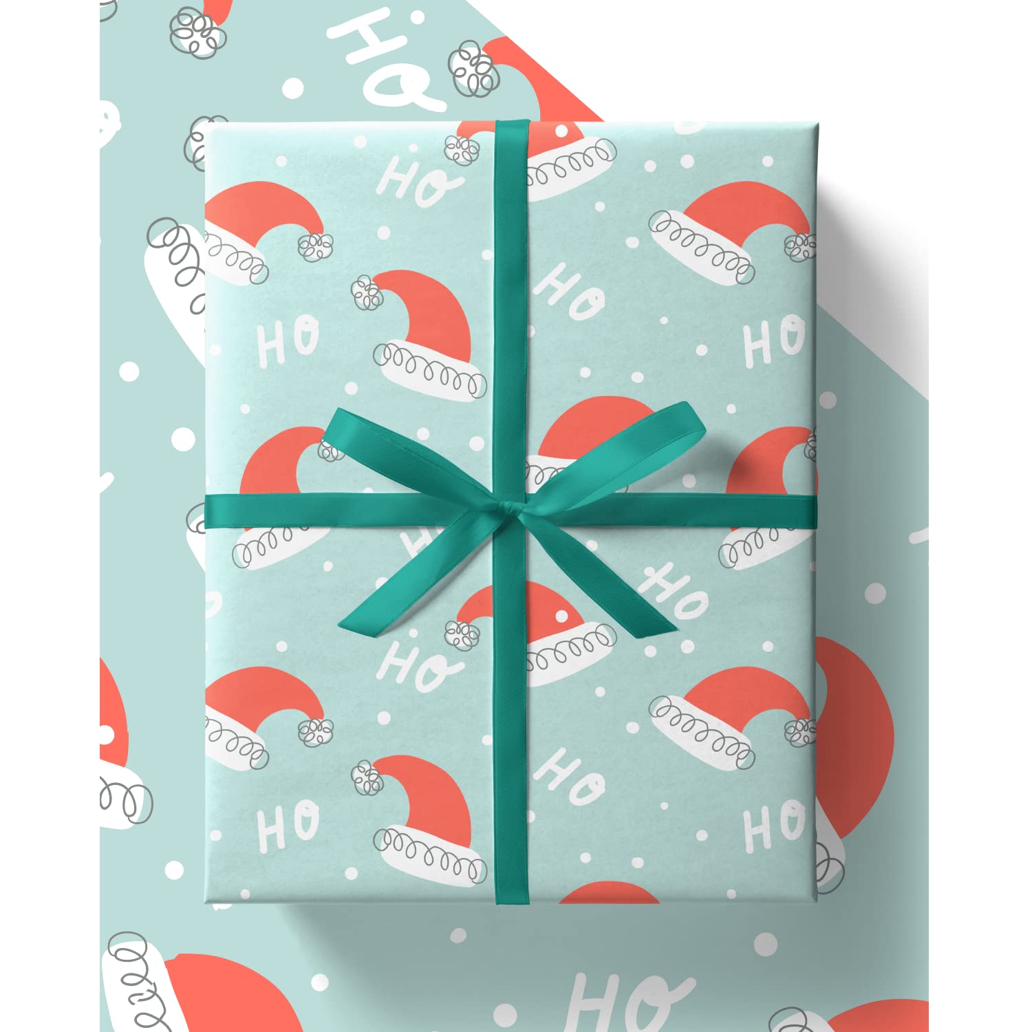 EcoWrap Santa Hat Christmas Wrapping Paper with Tags - Eco Friendly Premium Recyclable Gift Wrap Sheets (84cm x 60cm) in Plastic Free Packaging (8 Sheets & 8 Tags)