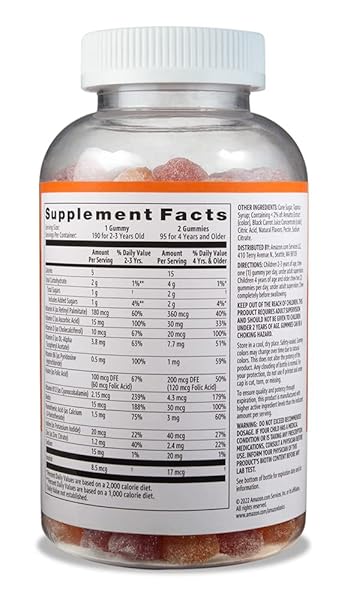 AMAZON BASICS KIDS’ MULTIVITAMIN GUMMIES, CHERRY, STRAWBERRY & ORANGE FLAVORS, 190 COUNT (PREVIOUSLY SOLIMO)