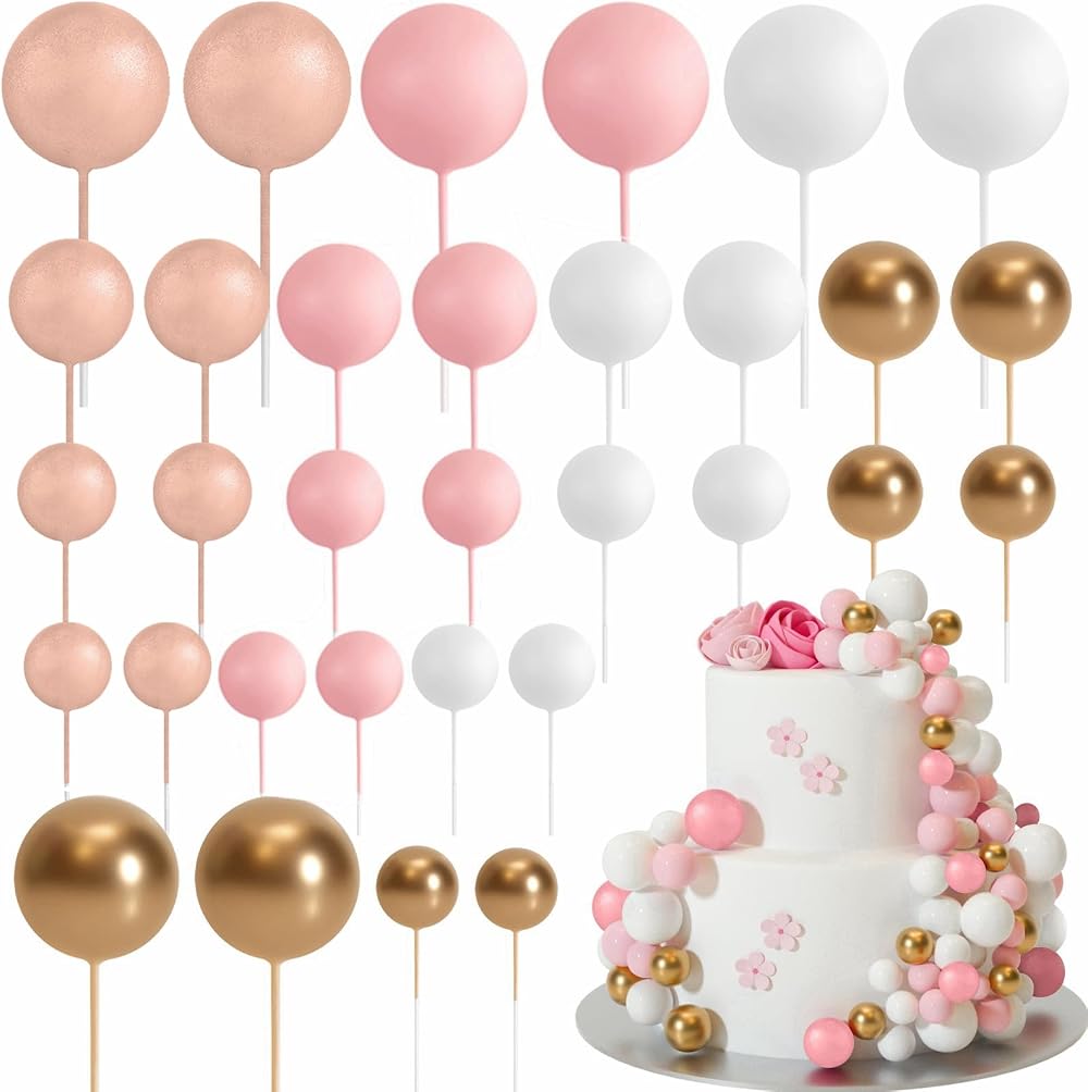 ASTARON 32 Pcs Ball Cake Topper Decorations Rose Gold Pink Foam Balls