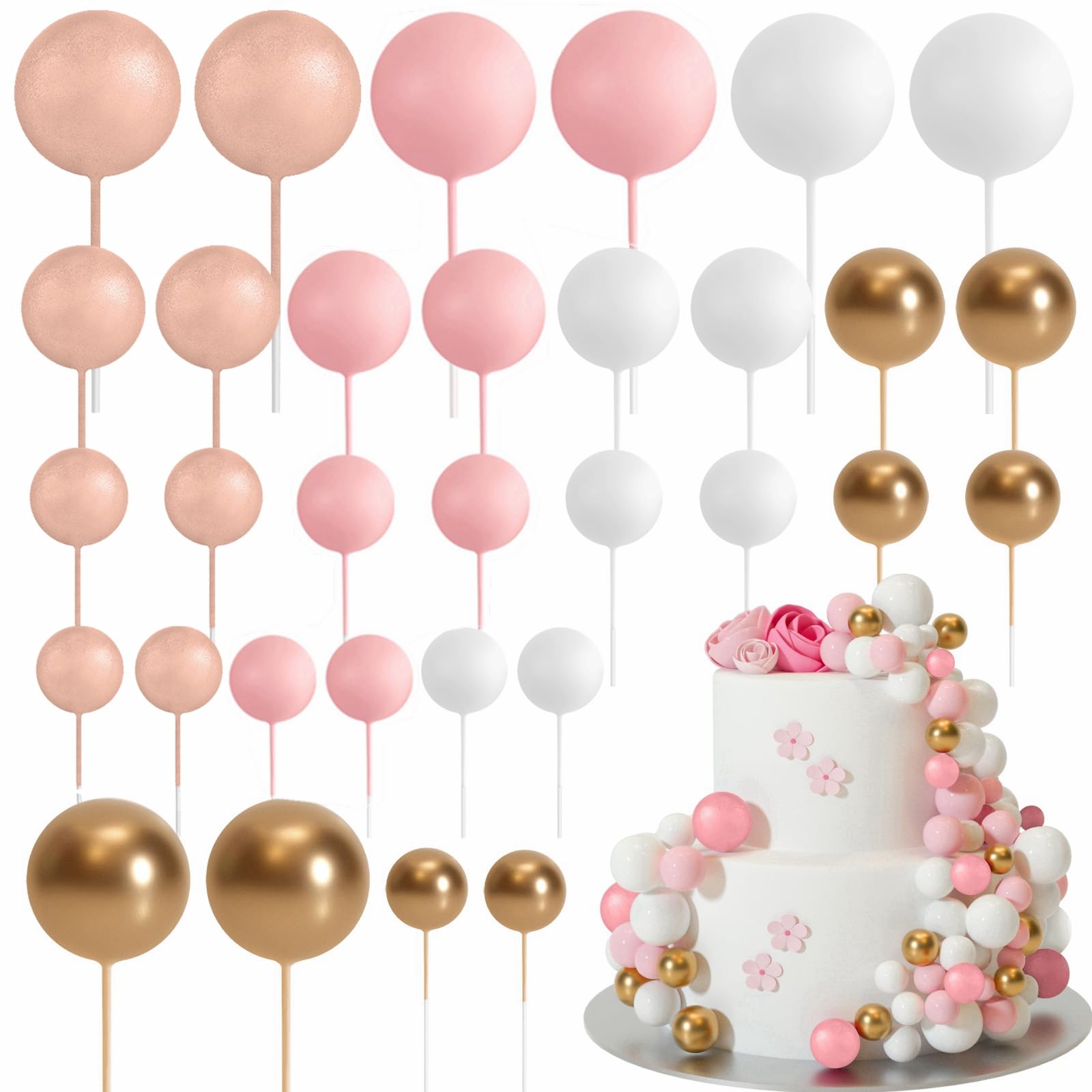 Photo 1 of ASTARON 32 Pcs Ball Cake Topper Decorations Mini Balloons Cake Topper Sticks Foam Balls Cake Picks Cake Topper Balls Cake Decorations for Wedding Party Birthday Cake Decorations (Rose gold?Pink)