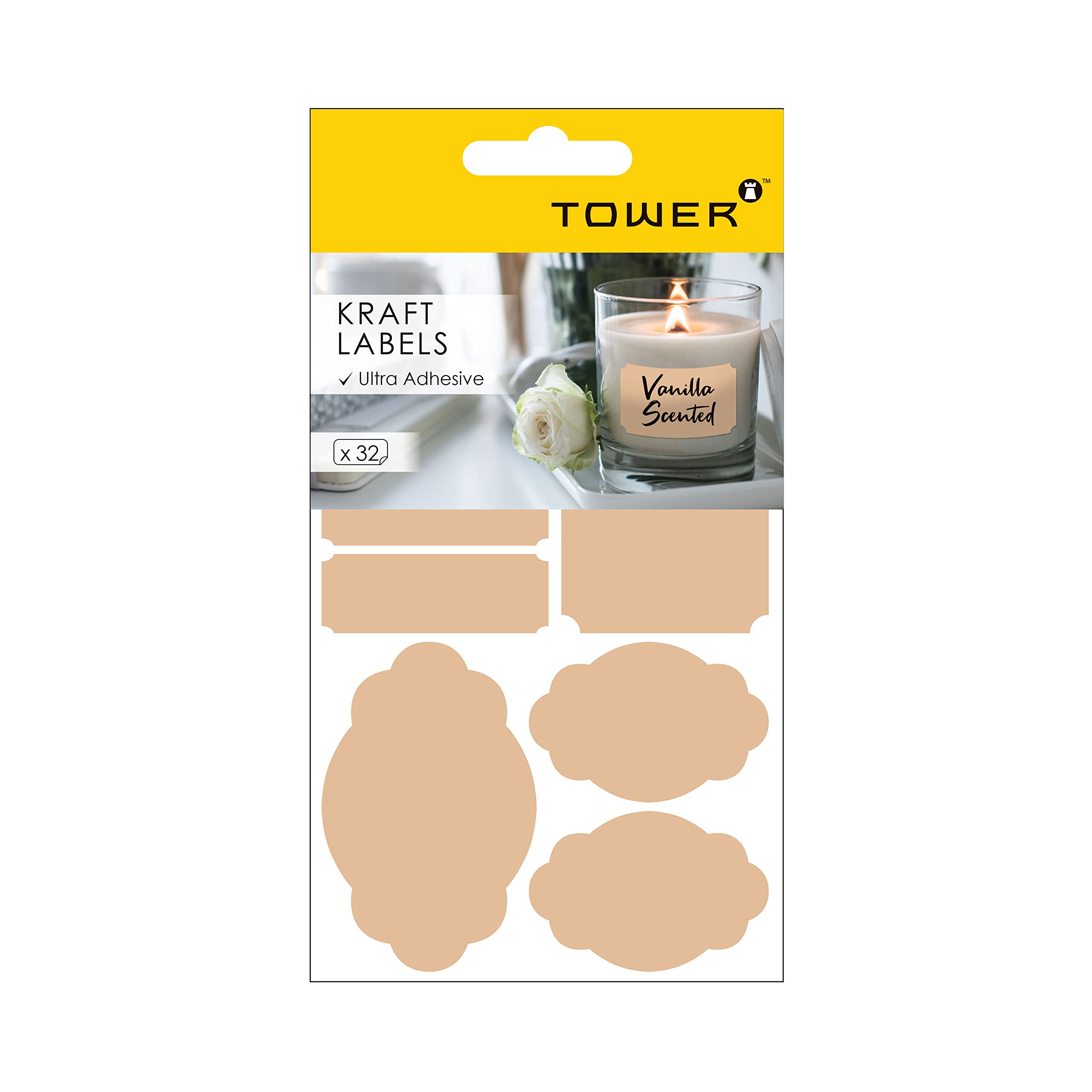 Tower Kraft Brown Sticky Labels-32 Label Stickers Variety Pack,78x50mm, 80x48mm, 56x37mm, 53x18mm. 32 Sticker Labels.