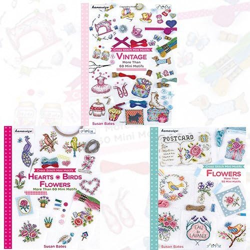 Cross Stitch Mini Motifs Susan Bates Collection 3 Books Bundle - Vintage,Hearts, Birds, Flowers: More Than 60 Mini Motifs, Flowers: More Than 50 New Mini Motifs