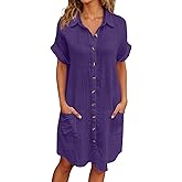 GOSEAGOTOFUN Tshirt Dress with Pockets Womens Button Down Shirt Dress Summer Shorts Sleeve Cotton Linen Casual Midi Dress