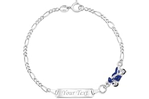 UNICORNJ 925 Italy Sterling Silver Child or Baby Name Bracelet Girls Boys, Personalized Engraved Kids ID Bracelets, 6.5" Figaro Chain, Enamel Charm Newborn Infant Toddler Kid Jewelry