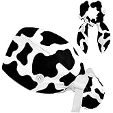 Scrub Caps Women with Ponytail, Adjustable Surgical Caps for Women with Buttons and Bow Hair Scrunchy, Classical Black & White Cow Spotted Print