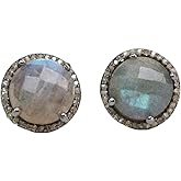 Labradorite Pave Diamond Gemstone Stud Earrings- Oxidized Sterling Silver-April Birthstone-Women's Jewelry Gift Idea
