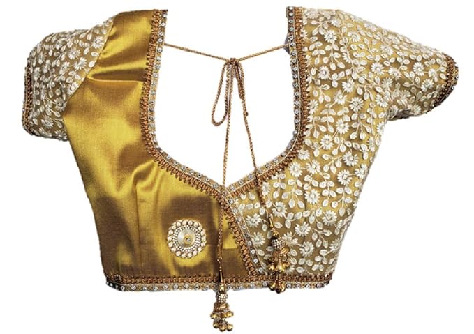 Noories Corner Womens Tissue Net, Neck Design Readymade Blouse, Shining Gold, Yellow, Orange, Purple (Sizes 32-44)