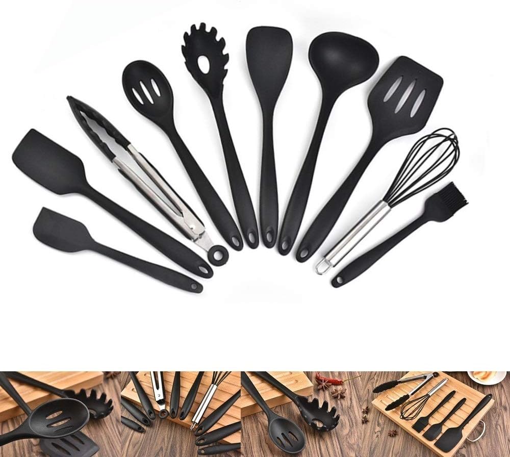 Silicone Cooking Kitchen Utensils Set, 10 Pcs BPA-Free Silicone and Stainless Steel Handle Turner Spatula Spoon Tongs Whisk Cookware Kitchen Tools Set (Black)
