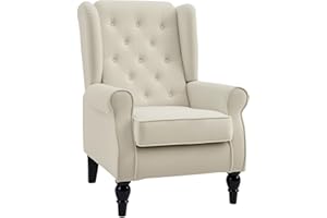 HOMCOM Fabric Accent Chair, Button Tufted Armchair, Upholstered Modern Living Room Chair, Wingback Chair with Wood Legs, Roll