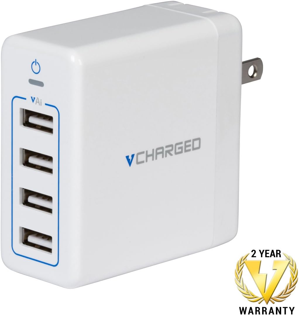 vCharged USB Charger 4 Ports Foldable Plug | USB Wall Charger Made for iPhone 12 Pro Max/12/11 Pro Max/XS/XR/Samsung Galaxy S21/iPad Pro/Air 2/ Includes 2 Year Warranty