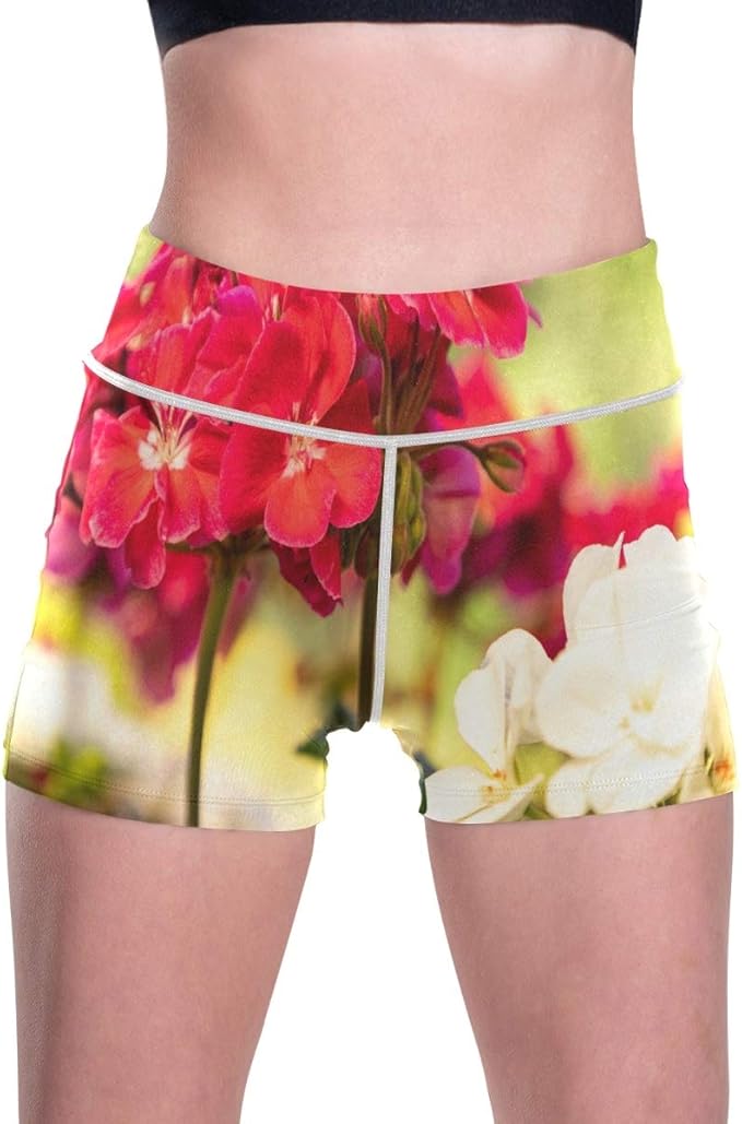 Yoga Shorts for Women, Cute Geranium in Garden Women's Athletic Shorts Yoga Workout Running