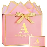 Initial Birthday Gift Bag with Card and Tissue Paper for Women/ Her, 13" Large Pink Gold Personalized Alphabet Bow Bag, Birthday Decorations for Women, Bridal Party Paper Bags for Gifts Wrapping
