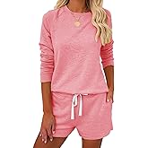 Metietila Women’s Long Sleeve Pajamas Set PJ Sets Casual Pullover and Shorts PJs Jogger Set Sleepwear Loungewear
