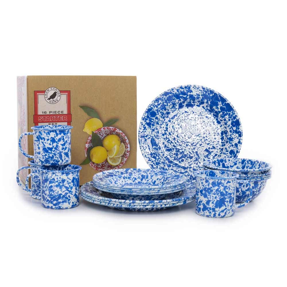 Crow Canyon Home Enamelware Starter Set, 16 pc, Blue & White Marble