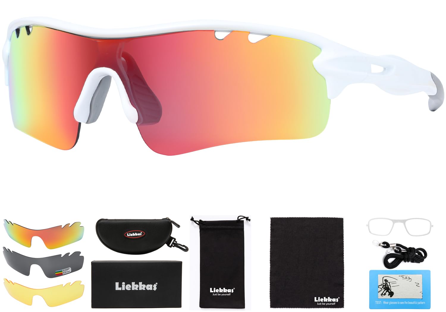Liekkas Polarised Sports Sunglasses For Men Women with 3 Interchangeable Lenses for Running Cricket Mountain Bike Cycling Glasses White Orange