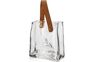 OAIRSE Glass Purse Vase for Flowers Clear Vases for Centerpieces Glass Bag Vase with Leather Handle Small Bag Vases for Decor Decorative Fish Bowl for Home Wedding Decor